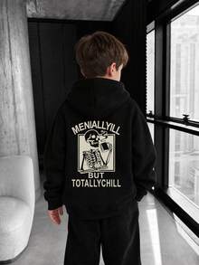 1pc Teen Boys American Retro Coffee Skull Funny Slogan Sweatshirt, Black Niche Loose Cool Unisex Kids Spring/Autumn Pullover Sweatshirt - Black - View 5