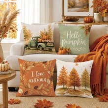 Autumn Forest Truck Pumpkin Cushion Cover 4-Piece Set, Single-Sided Printed Peach Skin Velvet Polyester Material, 45*45CM Pillow Covers For Modern Fabric Sofa Indoor Decor, Party Decoration, Gift Giving - Multicolor - View 9