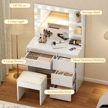 Yitahome White Vanity Desk With 12-LED Mirror & Stool, Makeup Table With Drawers And Open Shelves, Dimmable Dressing Table For Bedroom - White - View 4