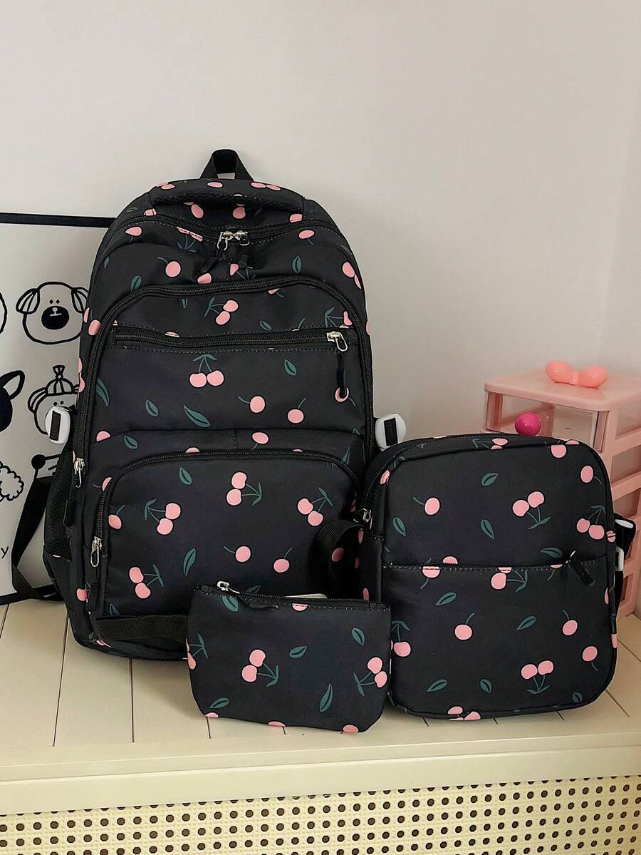 Versatile Fashion Women's Cherry Dual-Back Combination Bag Student Backpack - Black - View 1
