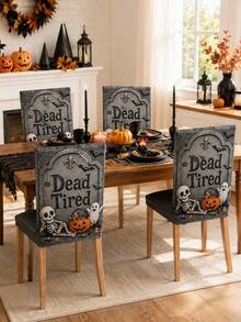1pc/4pcs/6pcs Gray Halloween Chair Back Cover, Cute Gothic Polyester Dining Chair Slipcover With Dead Tired Tombstone Skeleton Ghost Pumpkin Candy Bat Spider Web Printed Protector For Kitchen, Dining Room, Party, Haunted House And Autumn Home Decor - B - View 9