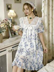 Damen Nachthemd mit Blumenmuster aus Mesh, Spitze, quadratischem Ausschnitt, kurzen Ärmeln und Rüschensaum, weiche Loungewear - Verschiedenfarbig - Übersicht 5
