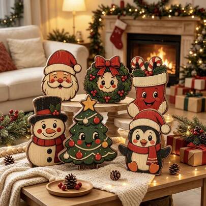 Cute Cartoon Wooden Christmas Tabletop Decor Set, Retro Distress Santa Snowman Xmas Tree Penguin Tiered Tray Signs, Indoor Farmhouse Holiday Table Mantel Shelf Ornament Gift
