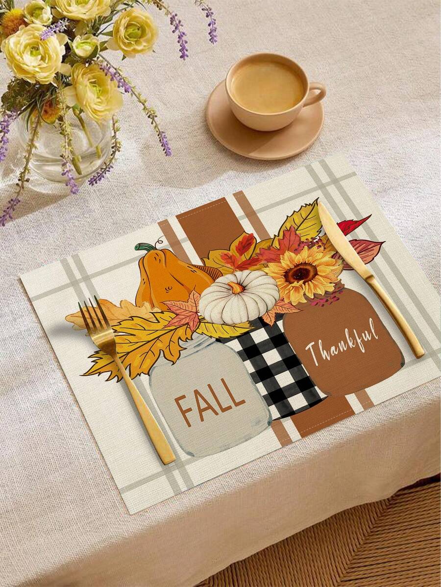 Autumn Harvest Festival Vase Sunflower Maple Leaf Heat-Insulated Placemats, Hello Autumn Thanksgiving Linen Placemats, Dirt-Resistant Placemats, Suitable For Home Dining Room And Restaurant, Table Decor, Home Supplies 4pcs/6pcs/18pcs - Multicolor - View 1