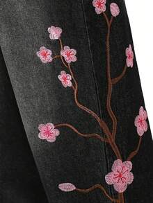 Tween Girl Black Denim Jeans Fashion New Cherry Blossom Embroidered Loose Wide Leg Casual Pants Suitable For Spring Summer Autumn Winter - Black - View 6
