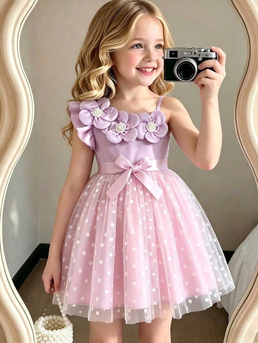 Young Girl' Floral Decor Asymmetric Shoulder Strap Dress, Asymmetric Ruffle Hem, Pearl Design, Mesh Polka Dot Skirt, Princess Sweet Dress - Purple - View 1