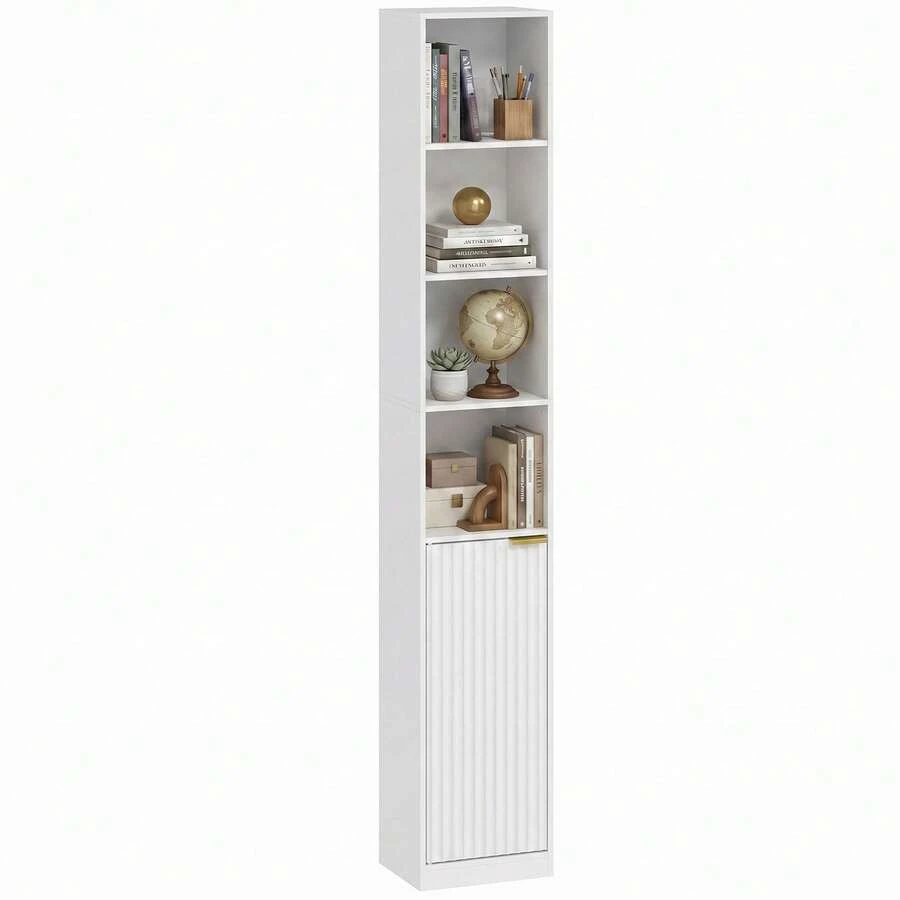 HOMCOM Estantería para Libros de 6 Niveles, Librería Alta y Estrecha con 4 Estantes Abiertos, Puerta y Estante Ajustable, Armario para Salón, Estudio, Oficina, 30x24x182 cm, Blanco - A - Ver 1