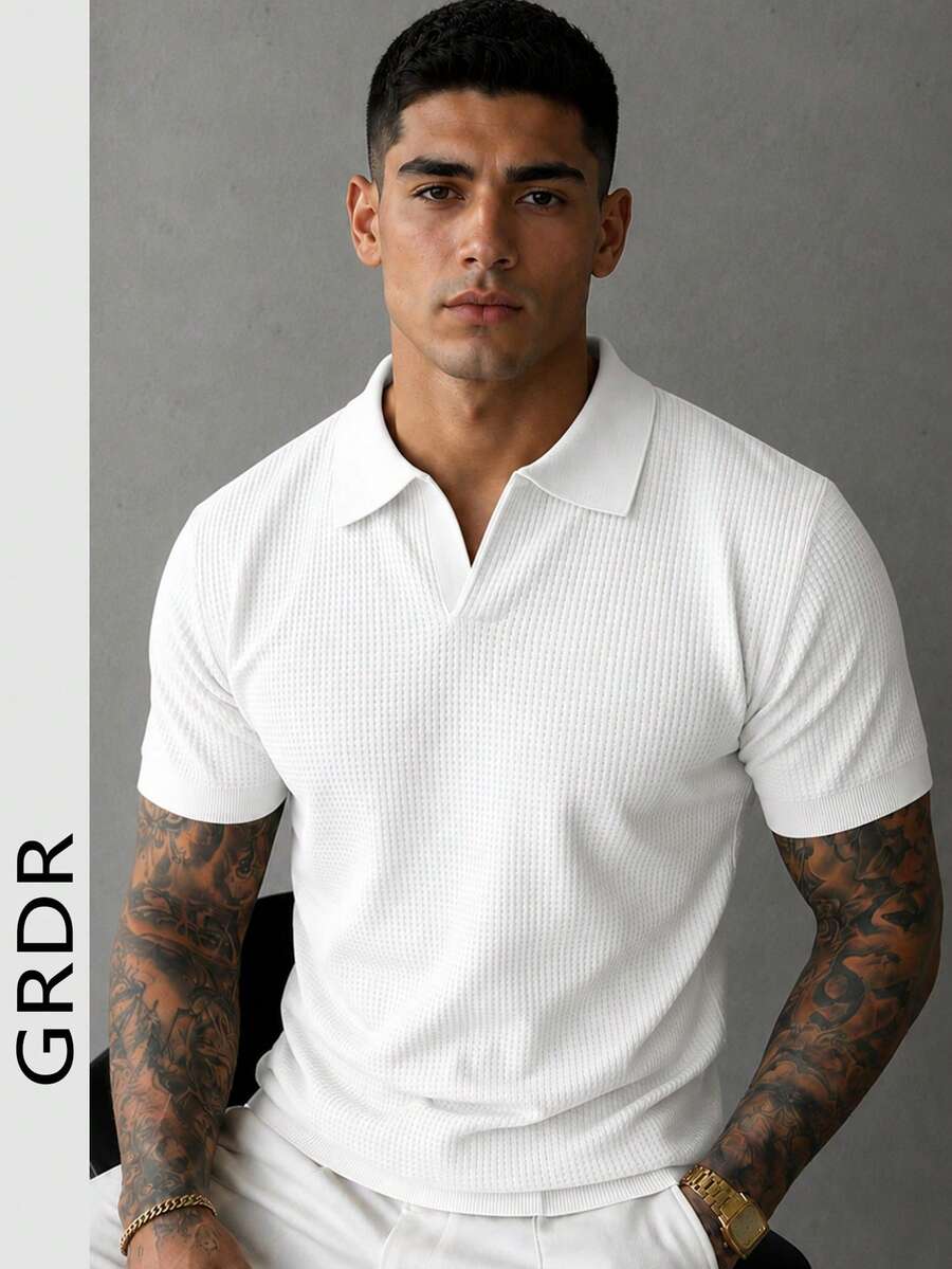GRDR 男士素色華夫格針織 Polo 衫，翻領設計，短袖，輕便休閒上衣