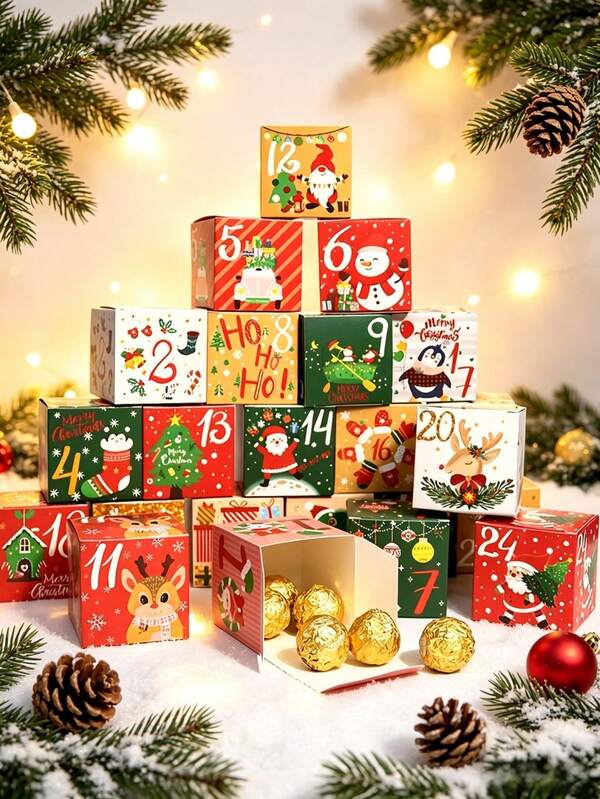 24pcs/Set Vintage Christmas Paper Boxes DIY Advent Calendar Treat Box Xmas Countdown Calendar Gift Box Party Favor Supplies