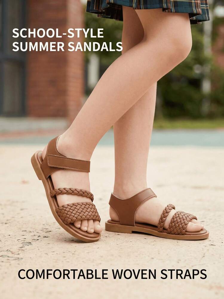 1 Pair Kids Woven Flat Sandals, Rainbow-White, Brown, Made Of Soft Nappa PU Leather, With Hook And Loop Design - Brown - View 5
