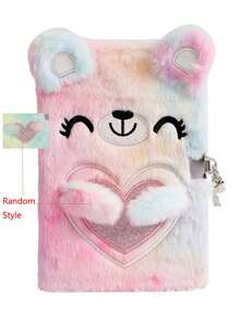 1pc Lockable Girls Diary, Secret Children's Journal, Suitable For Writing And Drawing, Hardcover Plush Cute Bear Diary, Back To S, First Day Of School - Multicolor - View 9