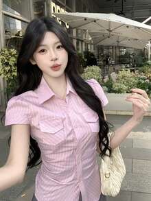 Summer Stylish Pink Striped Short Sleeve Shirt, New Design Slim Fit Blouse For Women - Pink - View 1