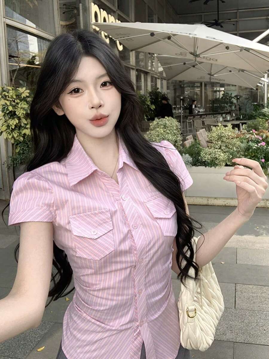 Summer Stylish Pink Striped Short Sleeve Shirt, New Design Slim Fit Blouse For Women - Pink - View 1