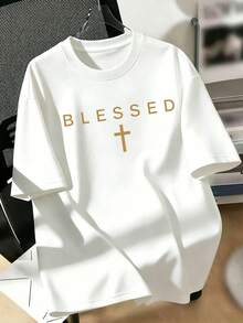 Plus Size Men's Casual Versatile Simple English Slogan Print Short Sleeve T-Shirt - White - View 1
