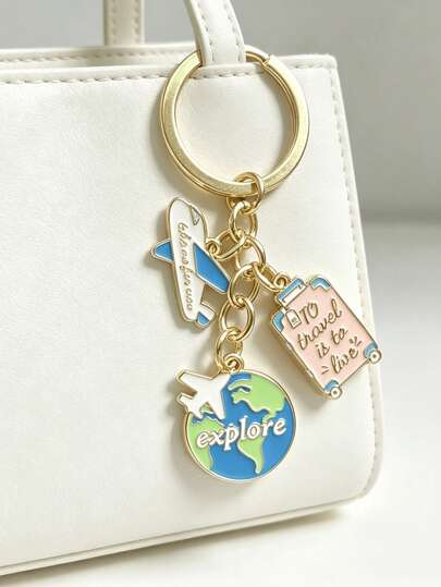 [1pc]Travel Airplane Globe Luggage Keychain, Explore The World Journey Bag Charm, Travel Luggage Backpack Pendant, Gold Airplane Globe World Travel Drip Oil Key Chain, Travel Lover Handbag Decoration Accessory, Portable Anti-Loss Key Holder, Luggage Bag Decoration, Travel Enthusiast Souvenir Small Gift