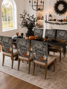 1pc/4pcs/6pcs Gray Halloween Chair Back Cover, Cute Gothic Polyester Dining Chair Slipcover With Dead Tired Tombstone Skeleton Ghost Pumpkin Candy Bat Spider Web Printed Protector For Kitchen, Dining Room, Party, Haunted House And Autumn Home Decor - B - View 2