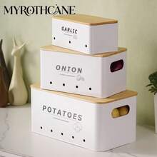 Myrothcane 3pcs Bamboo Lid Potato Onion Garlic Storage Bins, Ventilated Metal Vegetable Storage Containers, Stackable Farmhouse Style Kitchen Countertop Produce Organizer, Suitable For Pantry Storage - White - View 6
