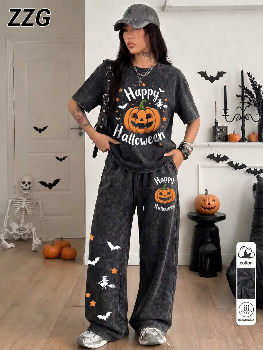 ZZG 女款棉質兩件套「Happy Halloween」南瓜圖案街頭休閒黑色水洗短袖T恤與抽繩運動長褲 - 黑色 - 查看 1