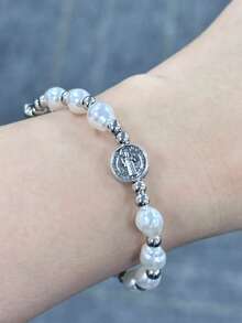 3pcs Religious Cross & Virgin Mary Faux Pearl Bracelet Set, Daily & Holiday Matching, Jewelry Gift, Religious Gift - Multicolor - View 4
