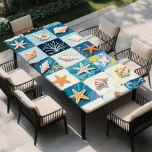 2D Plano - 1 pieza Mantel elástico lavable - Base verde menta con estampado de cuadrícula de dibujos animados de estrellas de mar y conchas en azul claro y blanco - Adecuado para uso interior y exterior - Mantel rectangular - Diseño de poliéster duradero - A - Ver 10