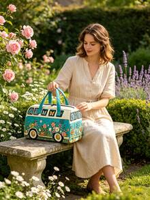 1pc Floral Bus Travel Storage Bag, Foldable Storage Bag, Multi-Functional Storage Bag, Butterfly Floral Bus Pattern Design, Simple And Fashionable. Large Capacity Handbag Style, Suitable For Outdoor, Travel, Gym, Dorm Storage, Holiday Gift, Travel Bag, Toiletry Bag, Makeup Bag, Travel Essential, Back To School, Halloween, Gift Essential, Home Storage Essential - Multicolor - View 3