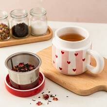 1pc 340ml/11.5oz Fashionable Pink Vertical Striped Ceramic Tea Cup With Lid And Filter, Cute Princess Style Red Heart Bow Print Porcelain Tea Infuser Mug, Suitable For Loose Leaf Tea, Coffee, Milk, Sweet Romantic Anniversary Birthday Gift Cup - Multicolor - View 6
