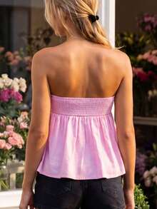 Women Summer Babydoll Tube Top Y2k Solid Color Strapless Off The Shoulder Loose Fit Flowy Bandeau Crop Tops Backless Sleeveless Going Out Vest Shirt - 粉色 - 查看 2