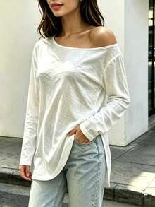 Slouchy Asymmetrical Off-Shoulder Long Sleeve T-Shirt, Slightly Sheer Loose Fit Grey Sexy Style Base Layer, Korean Off-Shoulder Sun Protection Cover-Up For Women - White - View 7