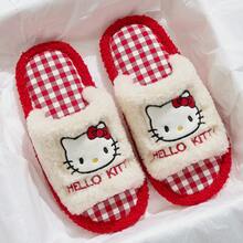 MAOLI Hello Kitty 開趾毛絨室內拖鞋，四季穿著，貓臉設計，優雅舒適吸汗透氣時尚百搭女款居家拖鞋，適合室內臥室大學宿舍，女款平底涼拖，趣味拖鞋 - 紅色的 - 查看 3