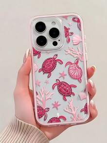 1pc Pink Coral Turtle 17 Pro Phone Case 16/15/14/13 Pro Max Apple 11 Transparent 12 Soft - Pink - View 2