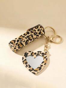 Leopard Print Lipstick Keychain, Portable Heart-Shaped Makeup Mirror Lipstick Pendant. Fashion Y2K Style. Suitable For Students, Office, Party, Travel, Gift - Multicolor - View 12