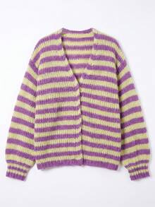 Women's Cute Commute V-Neck Long Sleeve Knit Cardigan, Soft Ribbed Knit Striped Cardigan, Autumn Daily Comfortable Minimalist Loose Top - Purple - View 7
