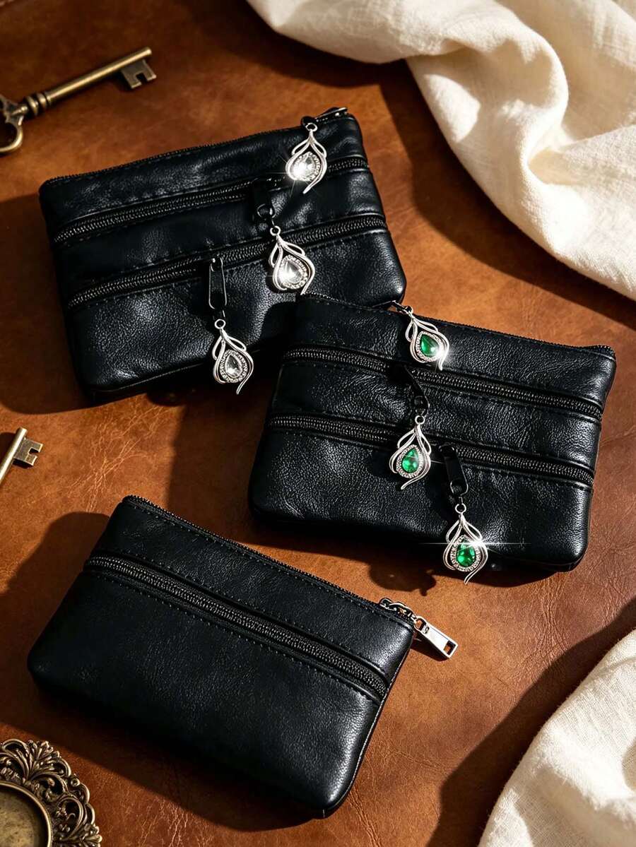 Elegant Rhinestone Multi-Zipper Coin Purse, Large Capacity 4-Layer Zipper Multifunctional Card Holder, Small PU Leather Card Wallet, Portable Mini Wallet, Cash Pouch, Jewelry Bag, Key Holder, Suitable For Back To School Gift, Party Gift, Holiday Gift,Travel Essential