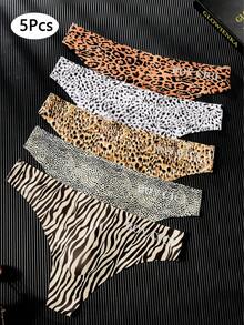 5pcs/Pack Men's 3D Sexy Letter Leopard & Zebra Animal Print Ice Silk Seamless Thong Underwear - Multicolor - View 3