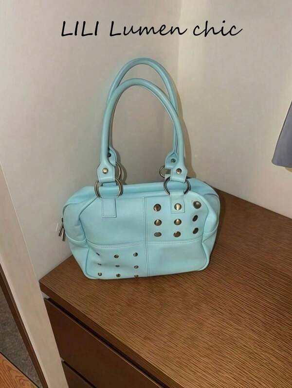 Bolso de mano minimalista para mujer con diseño estructurado, de PU azul claro con detalles metálicos e interior espacioso para looks casuales y elegantes