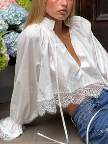 Women's Lace Trim Hem, Tie-Up Ruffle V-Neck Blouse, Spring/Autumn Commute Street Style Shirt - White - View 1