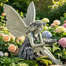 Sitzende Feenstatue aus Harz - Gartendekoration, Feenform Vogelspender, Harz Feengarten Statue Vogelspender, süße Elfenfigur Ornament, geeignet für Garten, Terrasse, Rasen, Blumenbeet, perfekt als Einweihungsgeschenk für Frauen, Mütter, Weihnachten, Harz Handwerk - Universal - Übersicht 2
