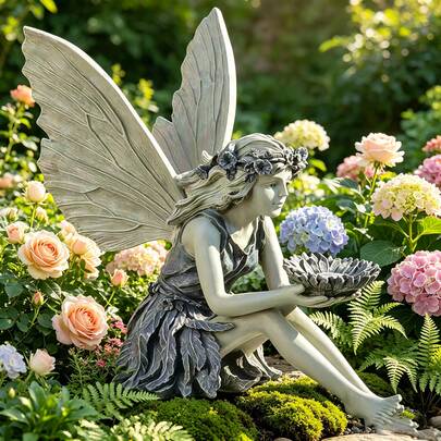 Resin Sitting Fairy Statue - Garden Decor, Fairy Shaped Bird Feeder, Resin Fairy Garden Statue Bird Feeder, Cute Elf Figurine Ornament, Suitable For Yard, Patio, Lawn, Flower Bed, Perfect As Housewarming Gift For Women, Mothers, Christmas, Resin Craft