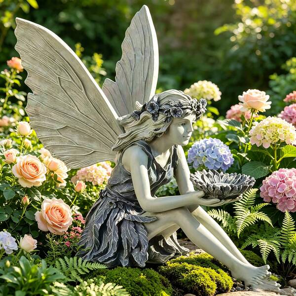 Resin Sitting Fairy Statue - Garden Decor, Fairy Shaped Bird Feeder, Resin Fairy Garden Statue Bird Feeder, Cute Elf Figurine Ornament, Suitable For Yard, Patio, Lawn, Flower Bed, Perfect As Housewarming Gift For Women, Mothers, Christmas, Resin Craft