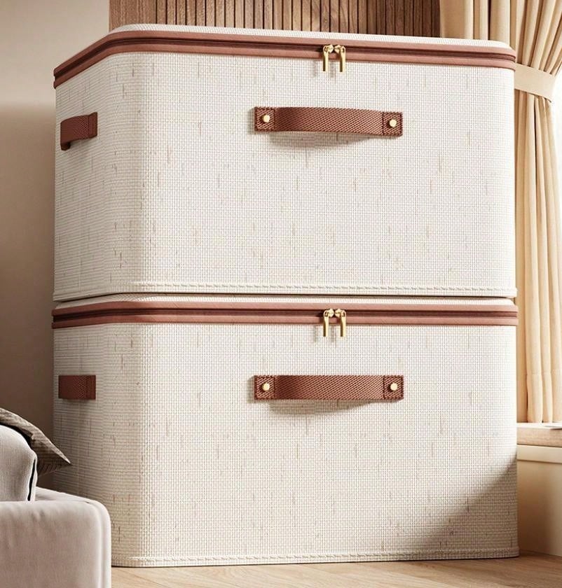4Pcs 56L Large Foldable Storage Boxes – Fabric Clothes Baskets With Lids, Double Zipper & Faux Leather Handles - 查看 1