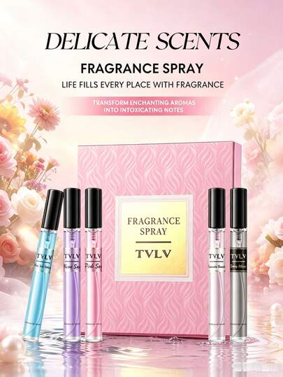 Premium TVLV 5 Scents Mini Travel Perfume Gift Set 10ml Each, Long Lasting Soft Floral Fruity Niche Fragrance Spray, Pink Wave Embossed Portable Pocket Perfume Tube Kit For Women Dating & Holiday Luxury Beauty Gifts