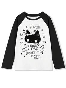 Y2K Sweet & Cool Style Raglan Long Sleeve T-Shirt For Women, Loose Fit Slimming Cute Cat Print Long Sleeve Top - White - View 8