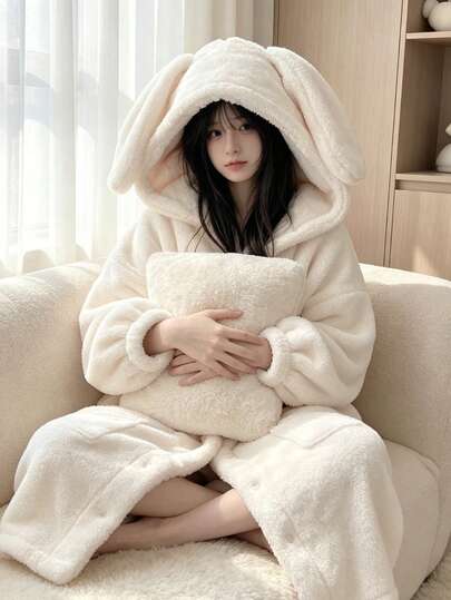 2026 New Women's Cartoon Rabbit Pattern Thick Coral Fleece Long Bathrobe, Autumn/Winter Warm Loose Loungewear, Comfortable Couple Style, Suitable For Indoor Wear, Parties, Gifts