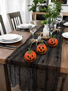 1 Set Black Spider Web Table Runner, Ghost Pumpkin Transparent Tablecloth, Halloween Decoration For Dining Table, Fireplace, Party Atmosphere, Home Decor - Pumpkin + Table Runner - View 4