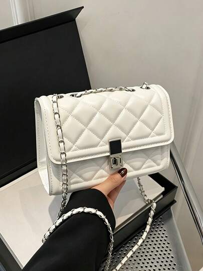 Fashion Solid Color Quilted Square Chain Shoulder Bag,Versatile Flap Banquet Bag New Lightweight Handbag & Purse,Casual Mobile Coin Crossbody Bags
