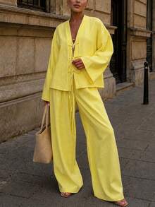 Marisole Women's Long Sleeve Front Buttoned Tie Top With Elastic Waist Straight Pants Two Pieces Set Drop Shoulder ,Elegant,Spring Summer Autumn Yellow - Yellow - View 4