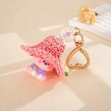 1pc Cartoon Cute Bear Keychain Pendant Woven Straw Hat Decorative Bag Pendant Mobile Phone Hanger Suitable For Girls' Gifts - Multicolor - View 6