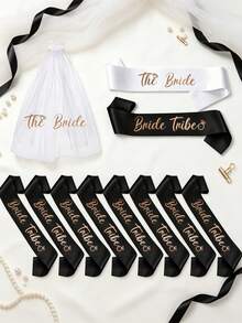 Bachelorette Party Sash Set With Veil, 11pcs & 10pcs Sash Set, Suitable For Wedding Party And Team Use, Can Be Used As Bride Gift Or Wedding Decoration, Also Suitable For Bride Gift Ceremony. Suitable For Bachelorette Party, Wedding, Bride-To-Be Outfit And Accessories - Multicolor - View 3