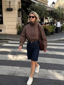 女款波點印花短外套 時尚長袖高領抽繩夾克 附口袋 休閒夾克 - 棕色 - 查看 3