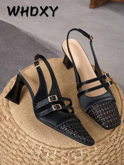 WHDXY Summer Breathable Hollow Front Woven Snake Pattern Double Thin Strap Multi-Buckle Square Toe Open Back Flared Chunky Heel Sandals, Commuter High Heel Women's Shoes, Suitable For Summer Workplace, Light Business Travel, Urban Dating, Afternoon Tea Store Visit, Professional Lady Style Outfit